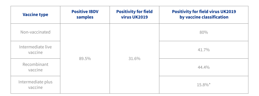 ibdv table: Overall field virus positivity and positivity by vaccine classification
